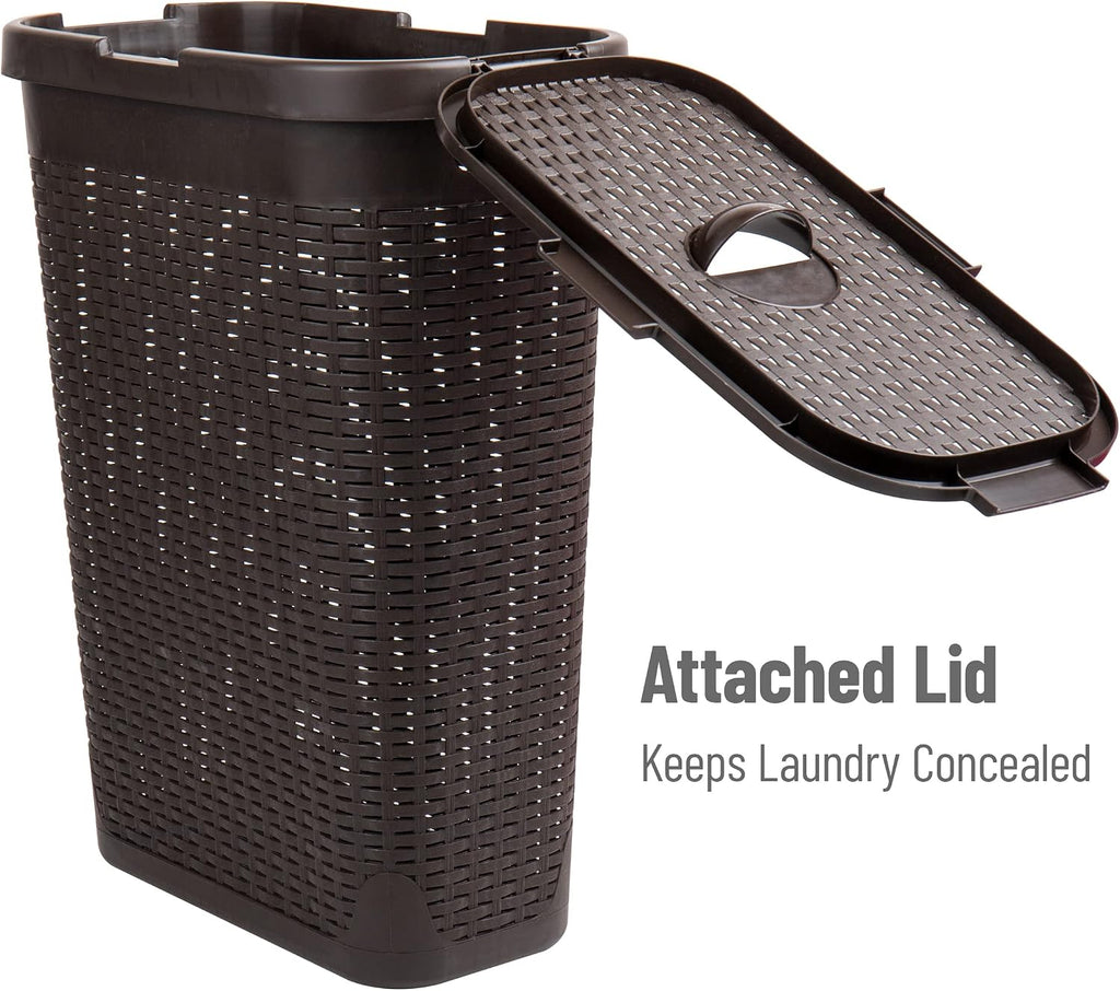 Mind Reader Slim Laundry Hamper with Lid, 40L Clothes Basket, Narrow Tapered Design with Ventilated Cutout Pattern, Plastic, Brown