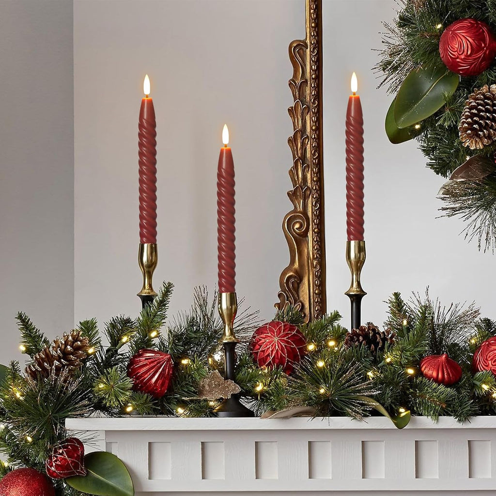 Red Flameless Taper Candles Flickering with Remote Timer