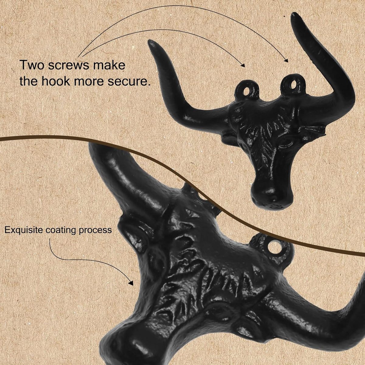 Cast Iron Wall Mount Hooks – Black Bull Design, 2 Pack – Vintage Rustic Coat Hooks for Entryway, Bathroom, Kitchen, or Bedroom