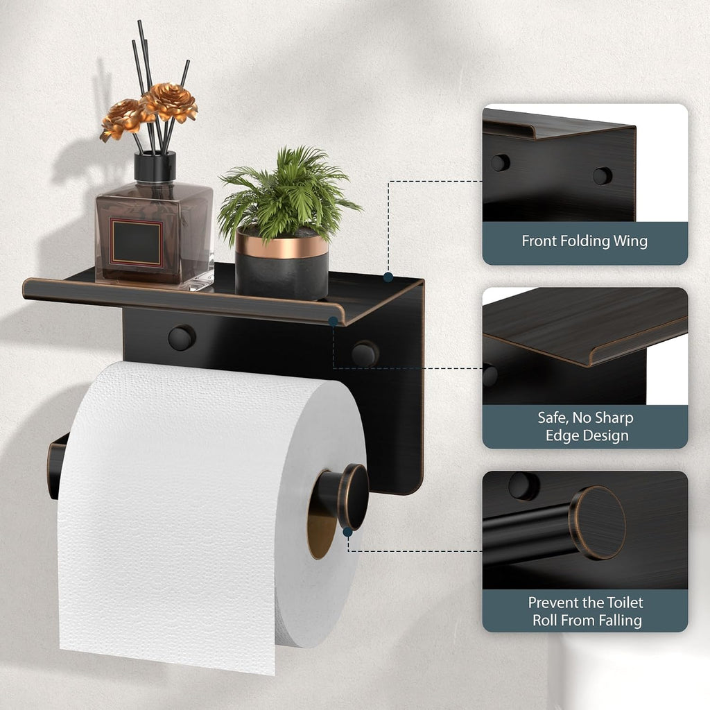 FORIOUS Toilet Paper Holder with Shelf, Adhesive or Screw, Commercial