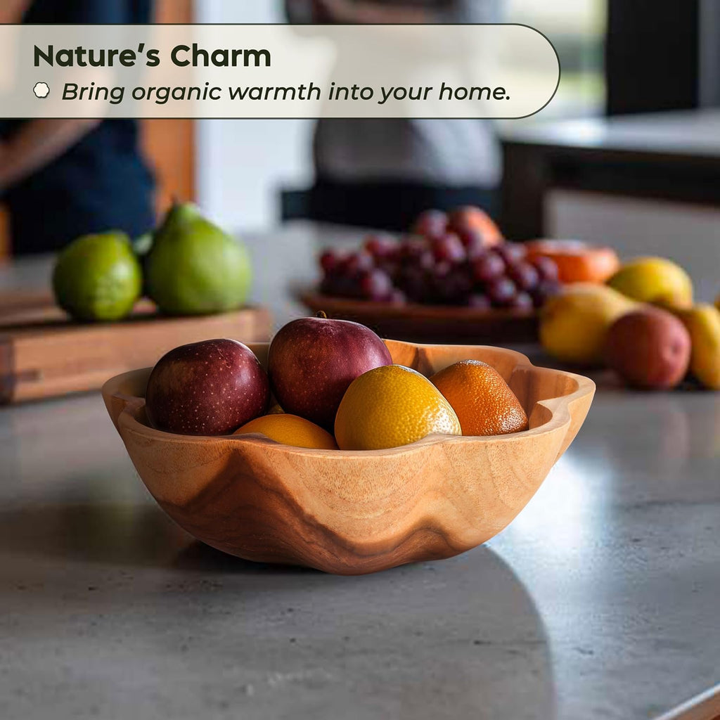 Decorative Wooden Bowl, Fruit Bowl for Kitchen Counter, Teak Wood Decor