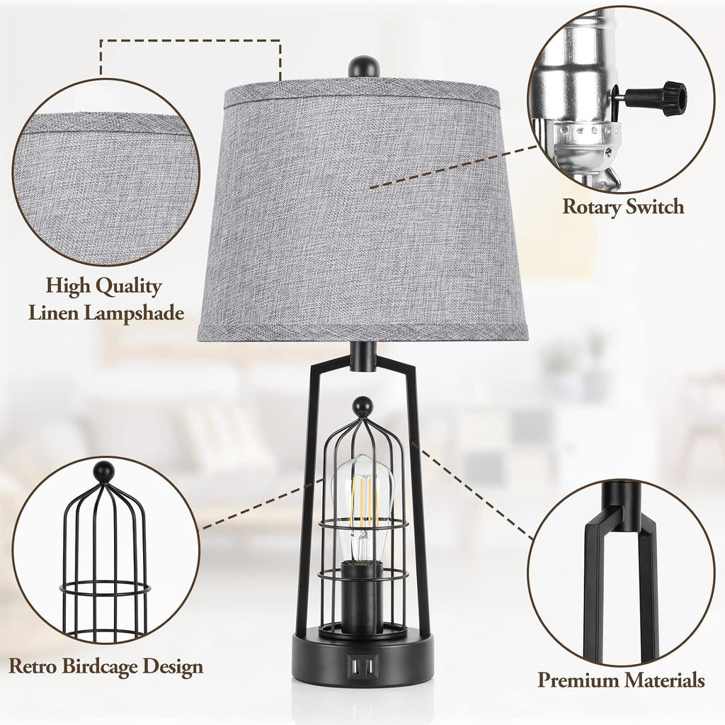 Farmhouse Table Lamps with 2 USB Ports, Set of 2 Rustic Industrial Desk Lamp for Living Room, 2-Light Black Bedside Lamp, Bedroom Nightstand Lamp with Gray Lampshade for House Decor, Reading