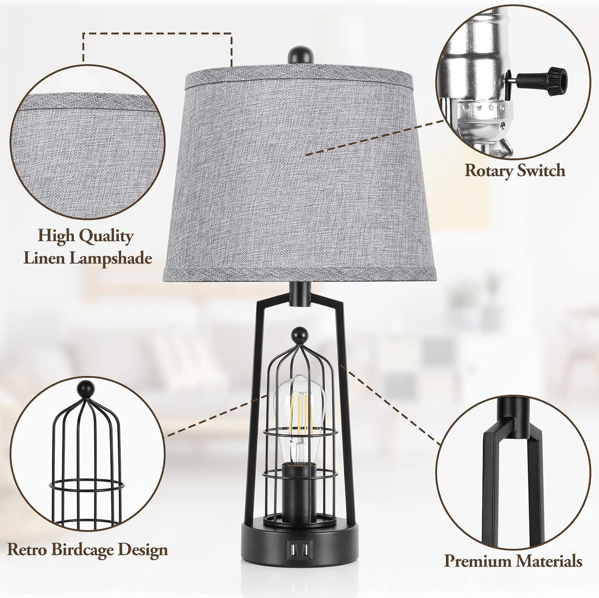 Farmhouse Table Lamps with 2 USB Ports, Set of 2 Rustic Industrial Desk Lamp for Living Room, 2-Light Black Bedside Lamp, Bedroom Nightstand Lamp with Gray Lampshade for House Decor, Reading