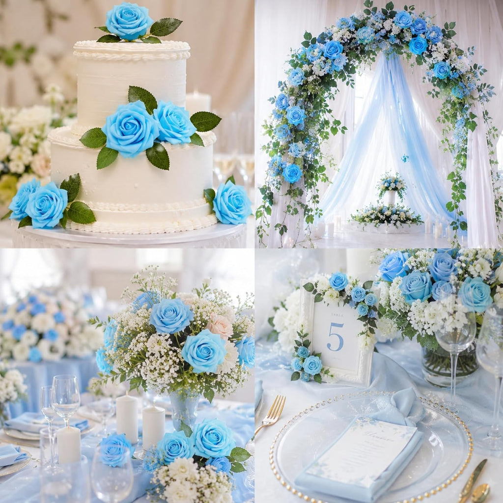 XIANNVXI 16Pcs Light Blue Artificial Rose Flowers