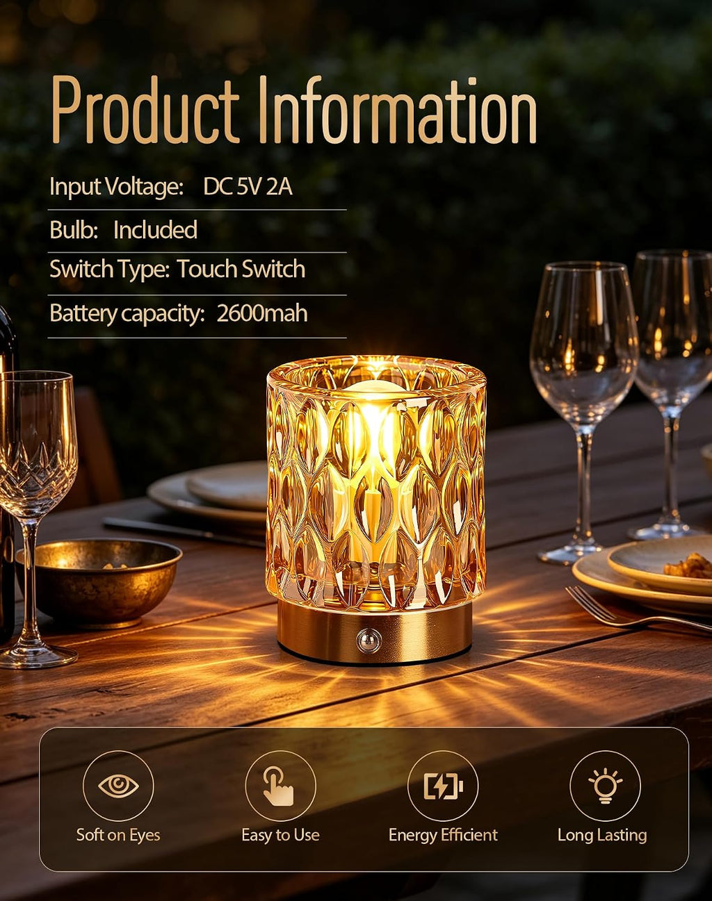 Cordless Mini Crystal Rechargeable Table Lamp No Plug with Touch Control