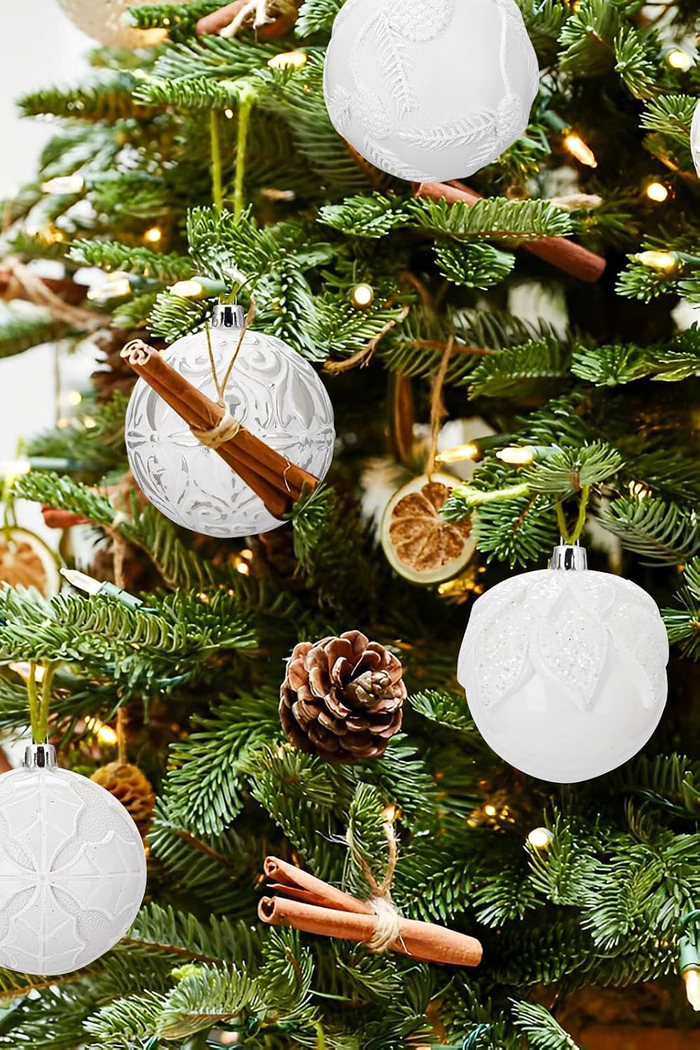 Hollyone 3.15"/80mm White Christmas Ball Ornaments 12 Pcs Shatterproof Christmas Tree Relief Ornaments Set Large Hanging Ornament Balls for Wedding Holiday Wreath Home Decor