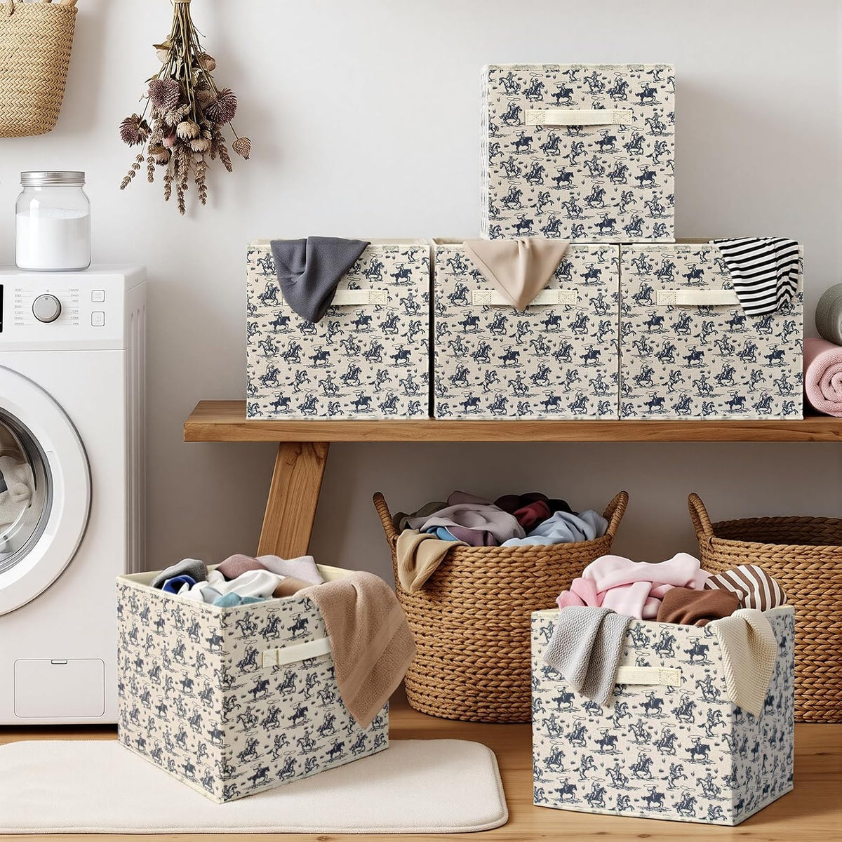 6 Pcs western Cow Cube Storage Bins 12.5 inch with Handle（Navy western）