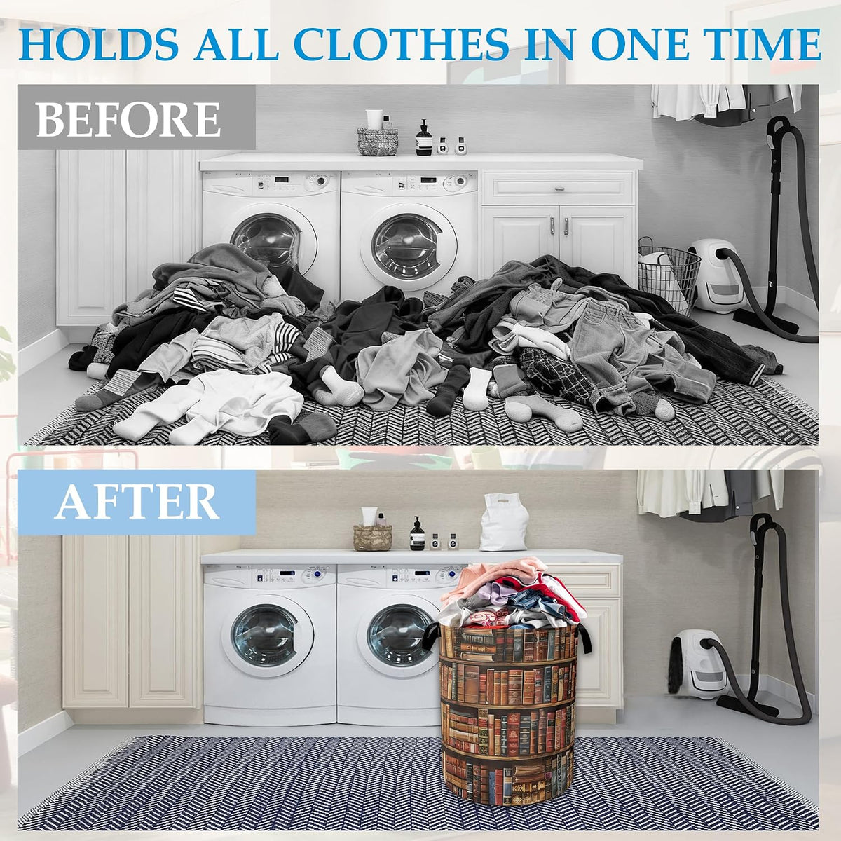 Retro Wooden Book shelf Laundry Basket Collapsible Laundry Hamper, Oxford Cloth Storage Bin for Room/Bathroom/Bedroom/Dormitories 16" X 20.8"