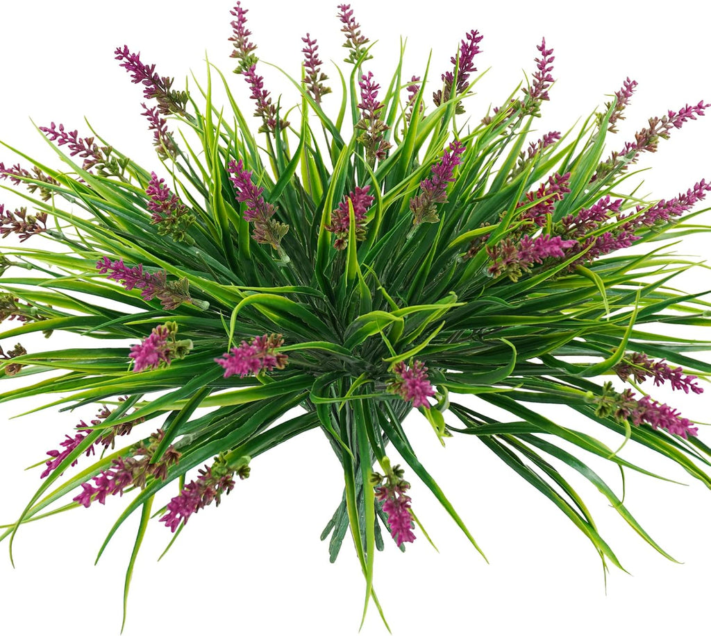 obbsie 36 Bundles Artificial Plants Outdoor, 18.2" UV Resistant Faux Monkey Grass Greenery Stems No Fade Faux Plastic Flowers Shrubs for Home Weddings Garden Porch Front Patio Office Decor - Rose Red