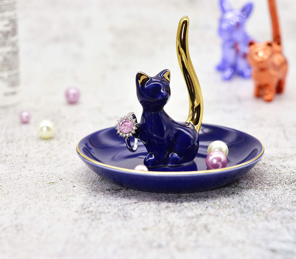 Lucky Kitten Ring Holder Jewelry Dish Organizer, Engagement Wedding Gifts, Boutique Royal Blue Decorative Jewelry Holder