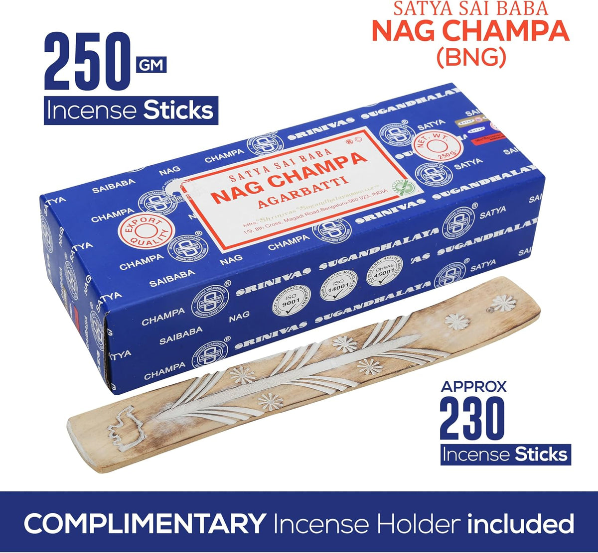 Satya Nag Champa Incense Sticks Bangalore- 250gm Bundle Natural Hand Rolled Non-Toxic Nagchampa BNG Insense Set with Raajsee Insence Stick Holder for Meditation, Yoga, Aromatherapy & Joss Sticks