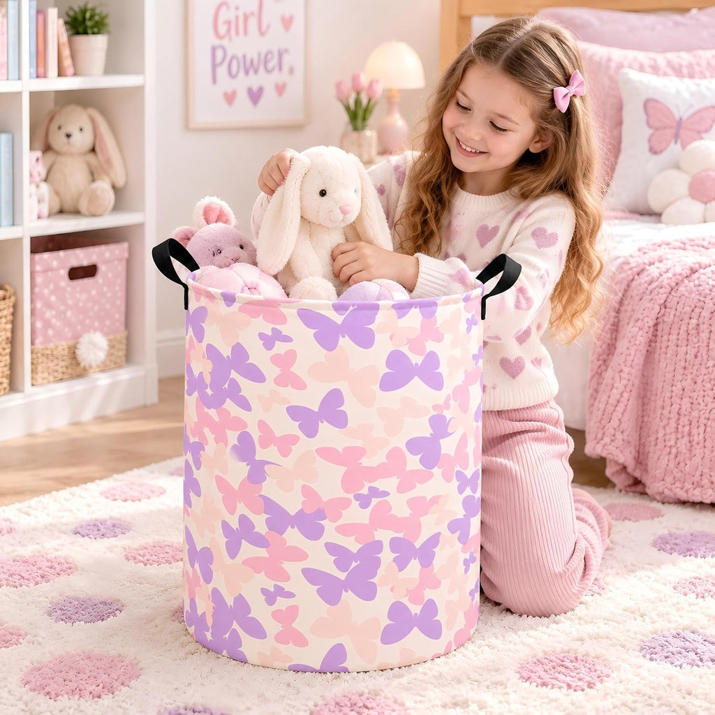 Collapsible Kids Laundry Basket Clothes Hamper, Foldable Storage Organizer Bin, Toy Clothes Storage with Handles for Boys Girls Bedroom, Room Decor Butterfly