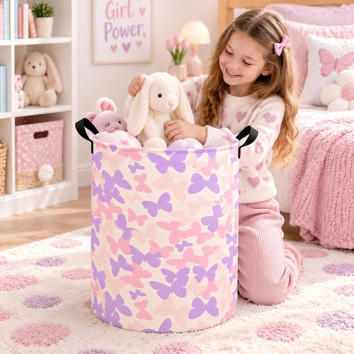 Collapsible Kids Laundry Basket Clothes Hamper, Foldable Storage Organizer Bin, Toy Clothes Storage with Handles for Boys Girls Bedroom, Room Decor Butterfly