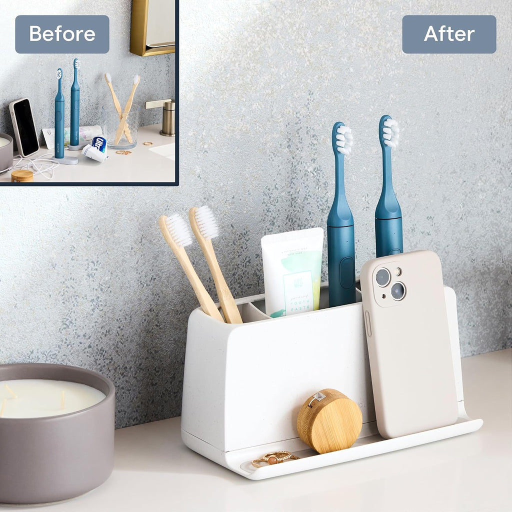 YouCopia The Ledge Toothbrush Holder, 3-Slot, Bathroom Vanity Counter Organizer with Cord Slots, Removable Base and Storage for Phones, Toothpaste and Accessories