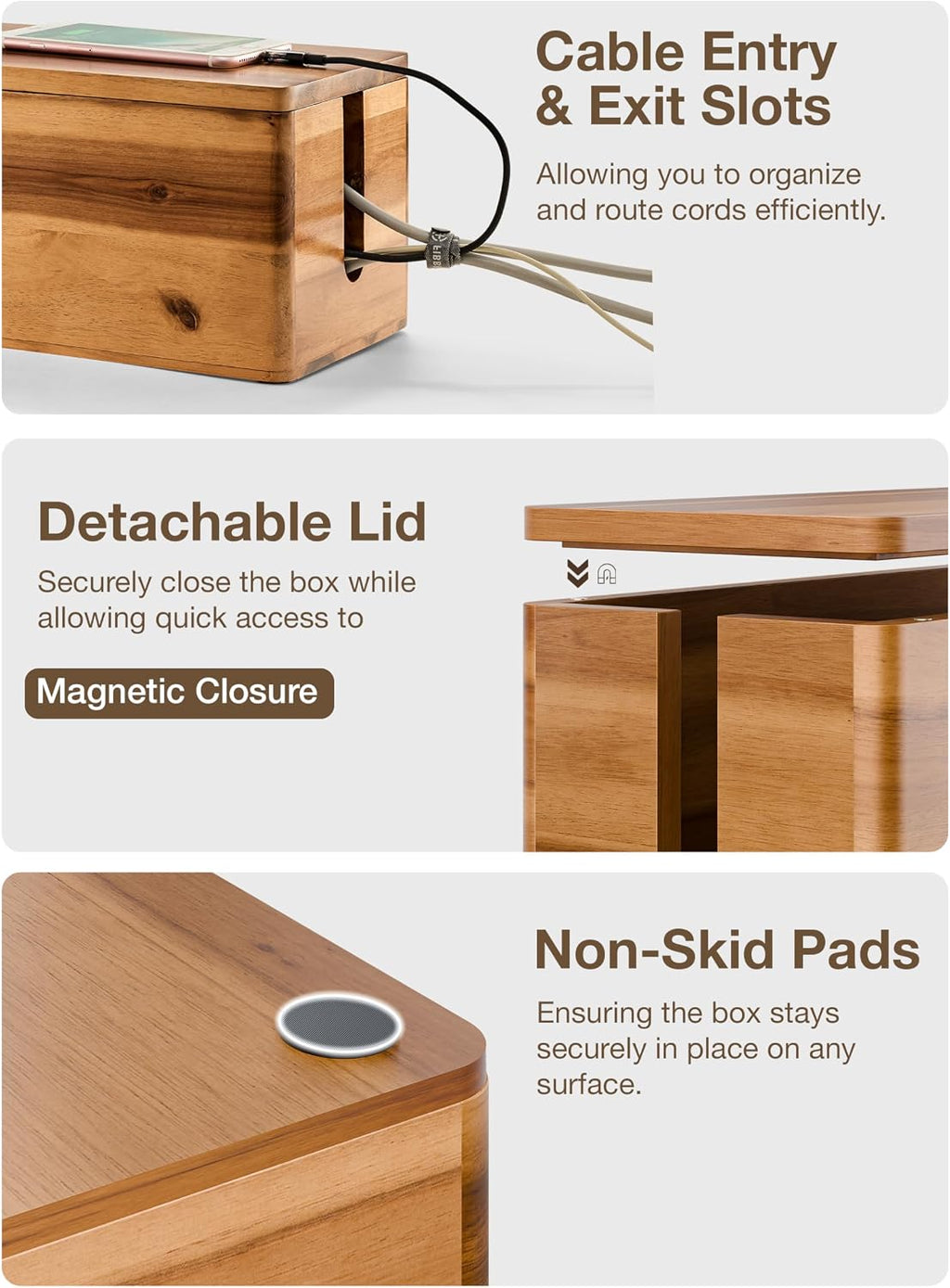 TIDITA Set 2 Sizes Wooden Cable Management Box Round Edge, Magnetic Lid