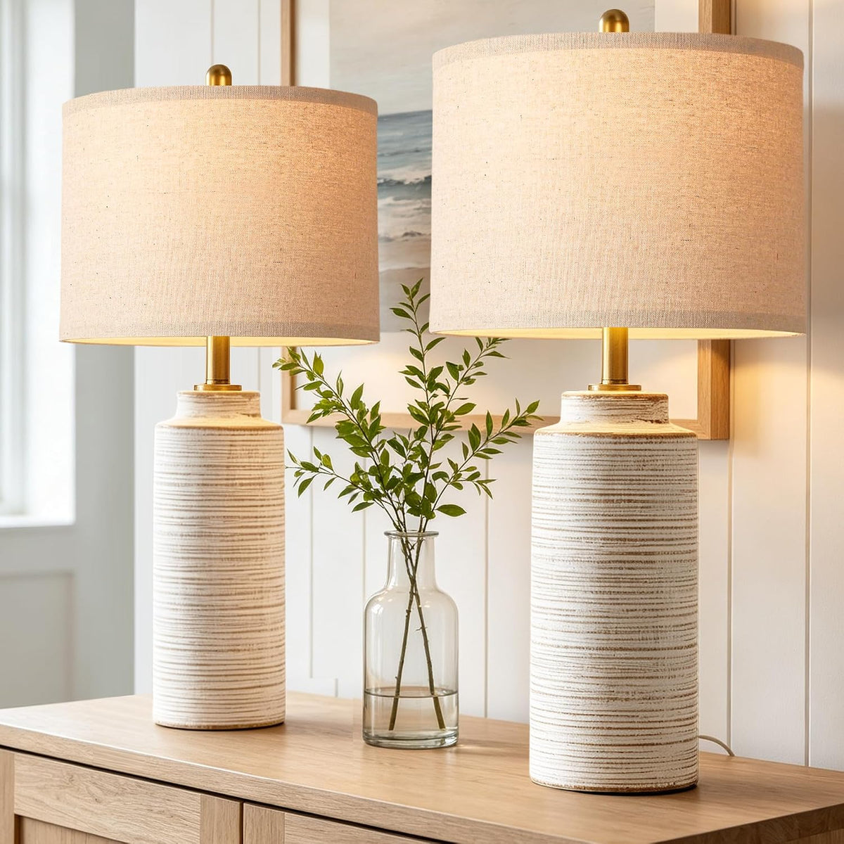 PARTPHONER 27" Vintage Ceramic Table Lamp Set of 2, Farmhouse Bedside Lamps with Ribbed Textured Finish, Rustic Nightstand Lamps for Living Room Bedroom End Tables Home Decor