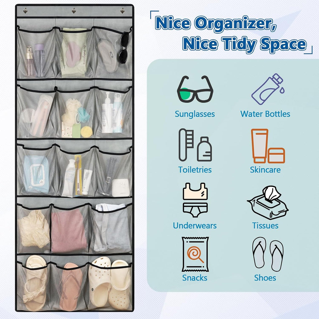 Over The Door Cruise Ship Organizer with 15 Size-Graded Pockets Grey