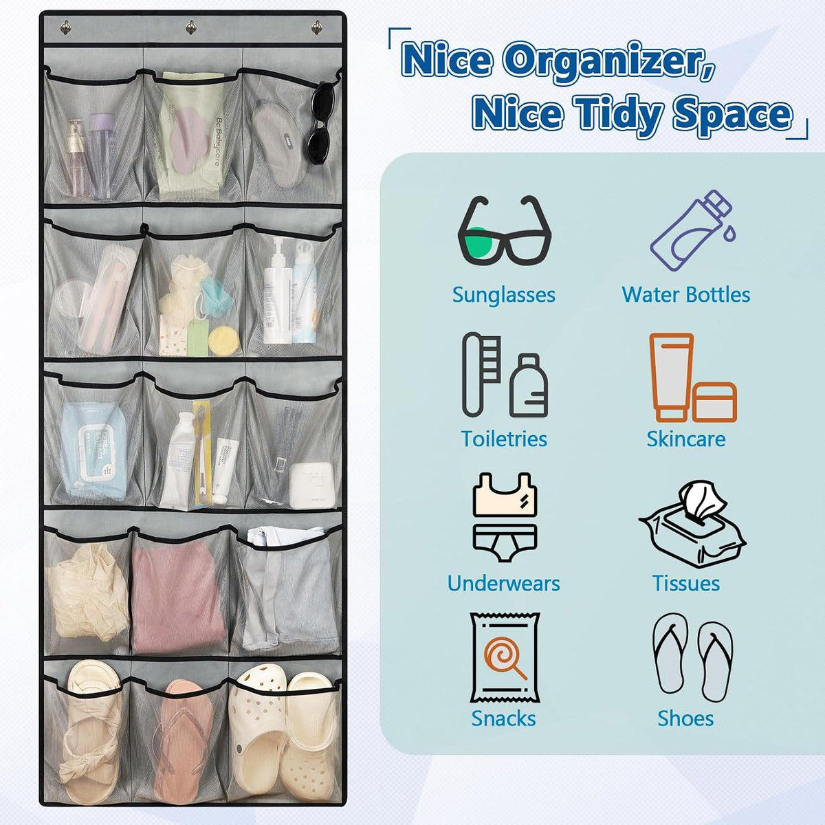 Over The Door Cruise Ship Organizer with 15 Size-Graded Pockets Grey
