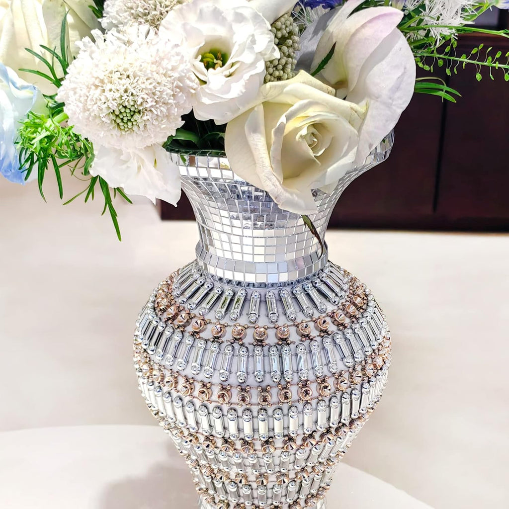 Silver Ceramic Flower Vase with Rhinestones, 12-Inch Home Decor