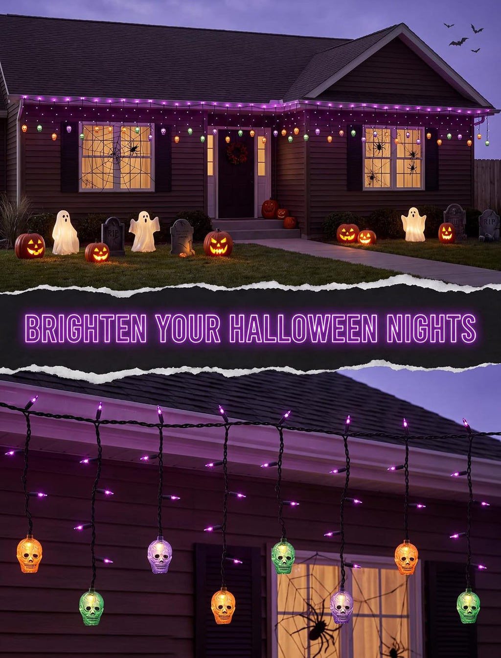 SUNSGNE 7FT 50 Count LED Halloween Skull Curtain Lights, Plug-in