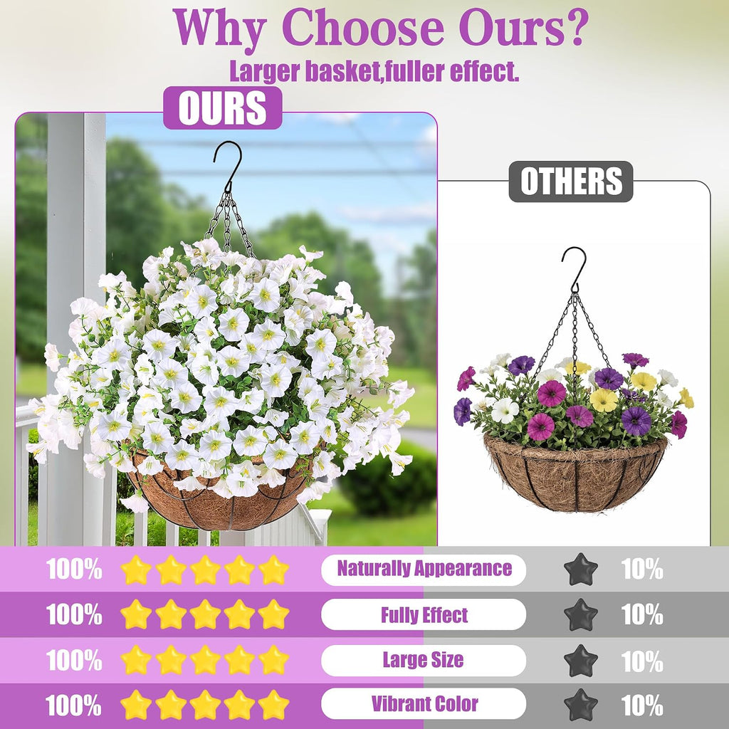 Sggvecsy Artificial Flowers for Outdoors with Baskets Hanging Plant Faux Flowers UV Resistant Fake Silk Morning Glory with Eucalyptus for Planter Porch Garden Home Spring Summer Decoration(White)