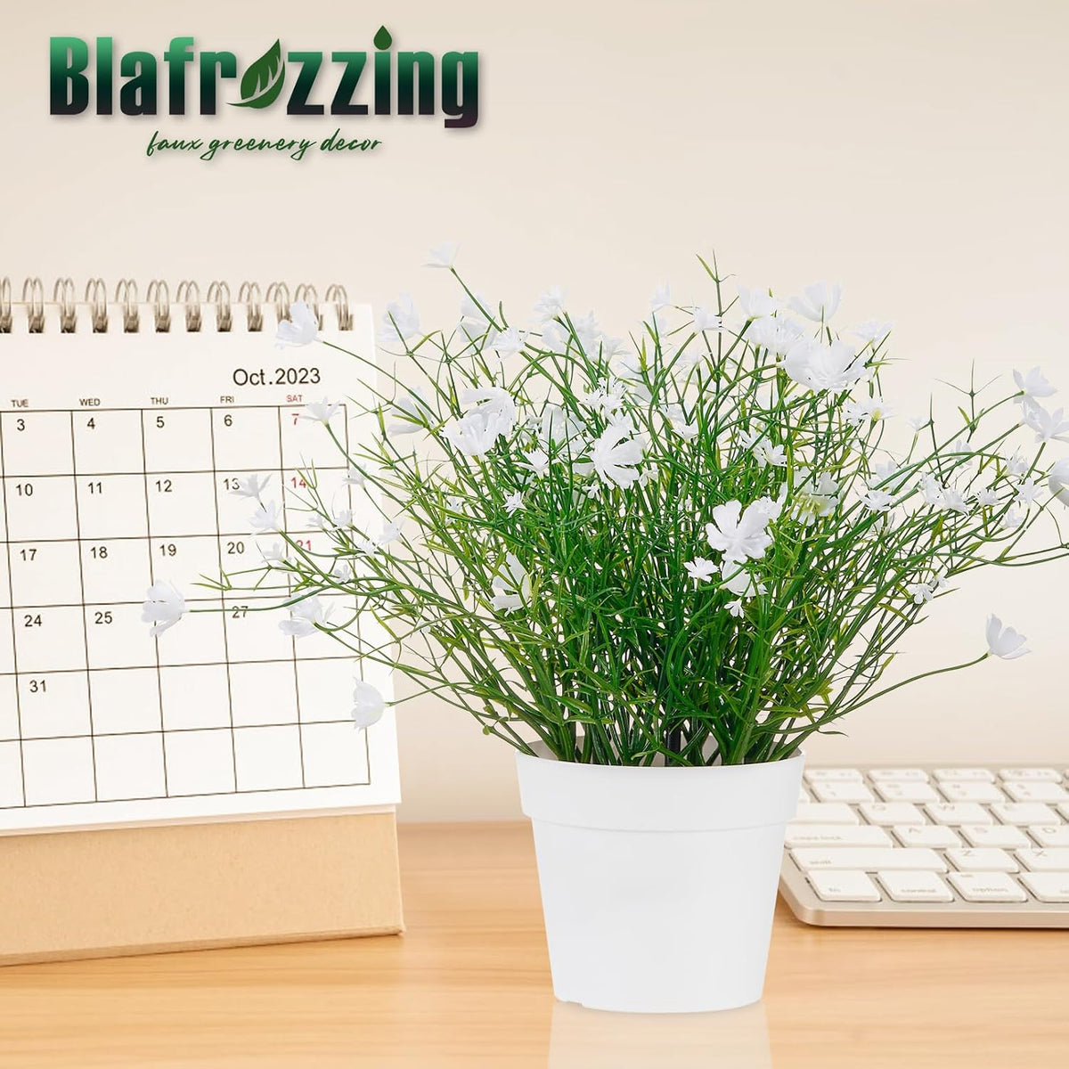 Artificial Babys Breath Potted Fake Plants with Flowers Faux Plants Indoor for Home Office Bookshelf Table Room Decor (White)