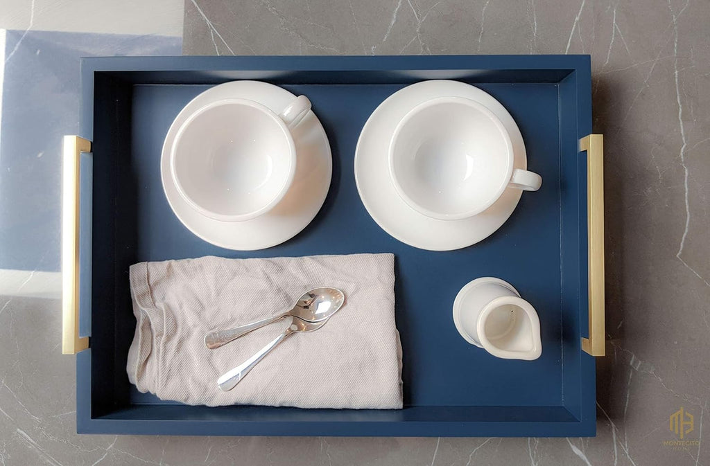 Decorative Coffee Table Tray - Ottoman Tray - Breakfast, Drinks, Liquor Serving Platter - from Farmhouse to Modern - Matte Finish - Champagne Gold Handles - Twilight-Blue
