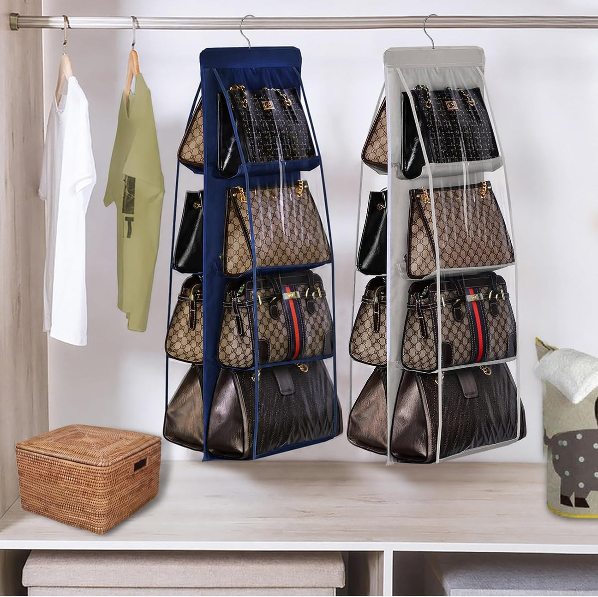 Lirex Handbag Hanging Purse Organizer for Closet, 8 Pocket Handbag Storage Organizer Hanger Oxford Cloth Closet Organizer for Family Closet Bedroom, Foldable and Universal Fit, Navy Blue