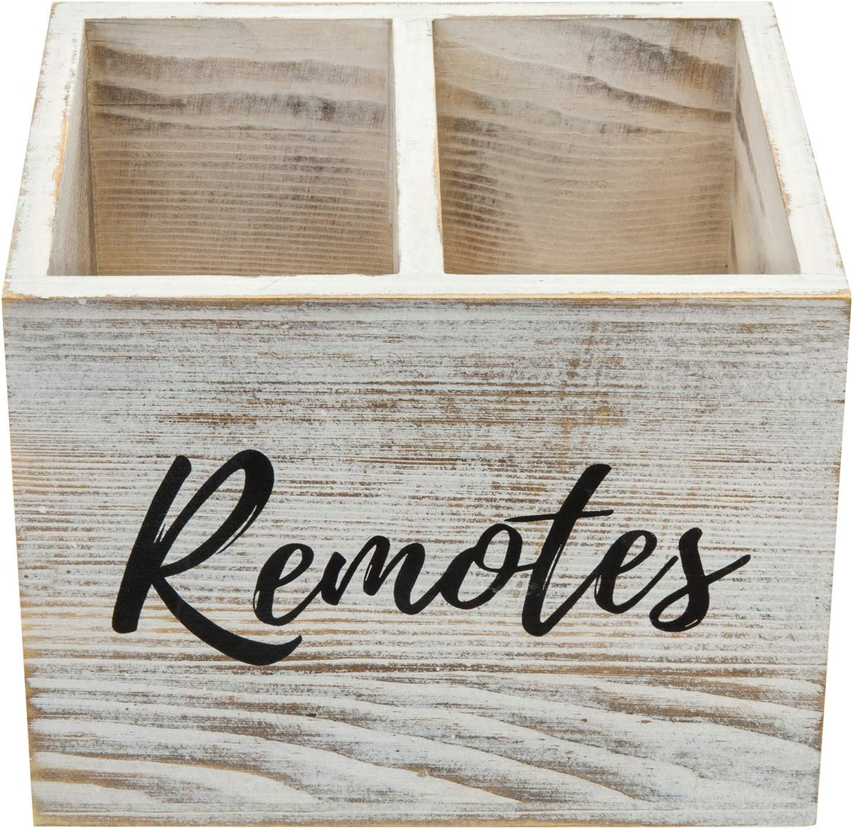 MyGift Remote Control Holder,TV Remote Holder,Wood Remote Caddy for Table,2 Large Compartment,Shabby Whitewashed Solid Wood with Black Cursive Remotes Label