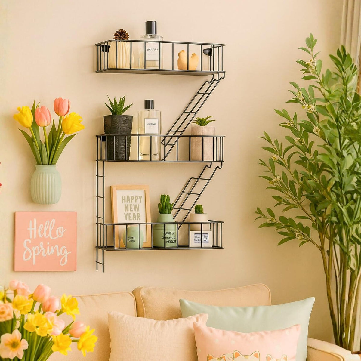Fire Escape Wall Shelf, Black Metal Decorative Floating Ladder, 3-Tier