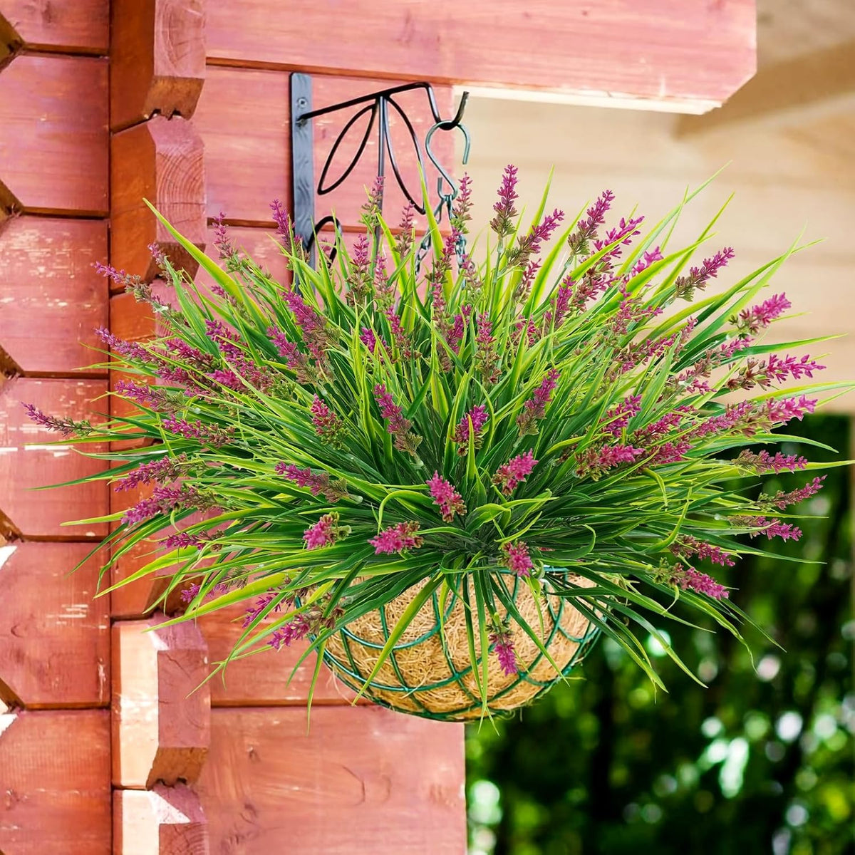 obbsie 36 Bundles Artificial Plants Outdoor, 18.2" UV Resistant Faux Monkey Grass Greenery Stems No Fade Faux Plastic Flowers Shrubs for Home Weddings Garden Porch Front Patio Office Decor - Rose Red