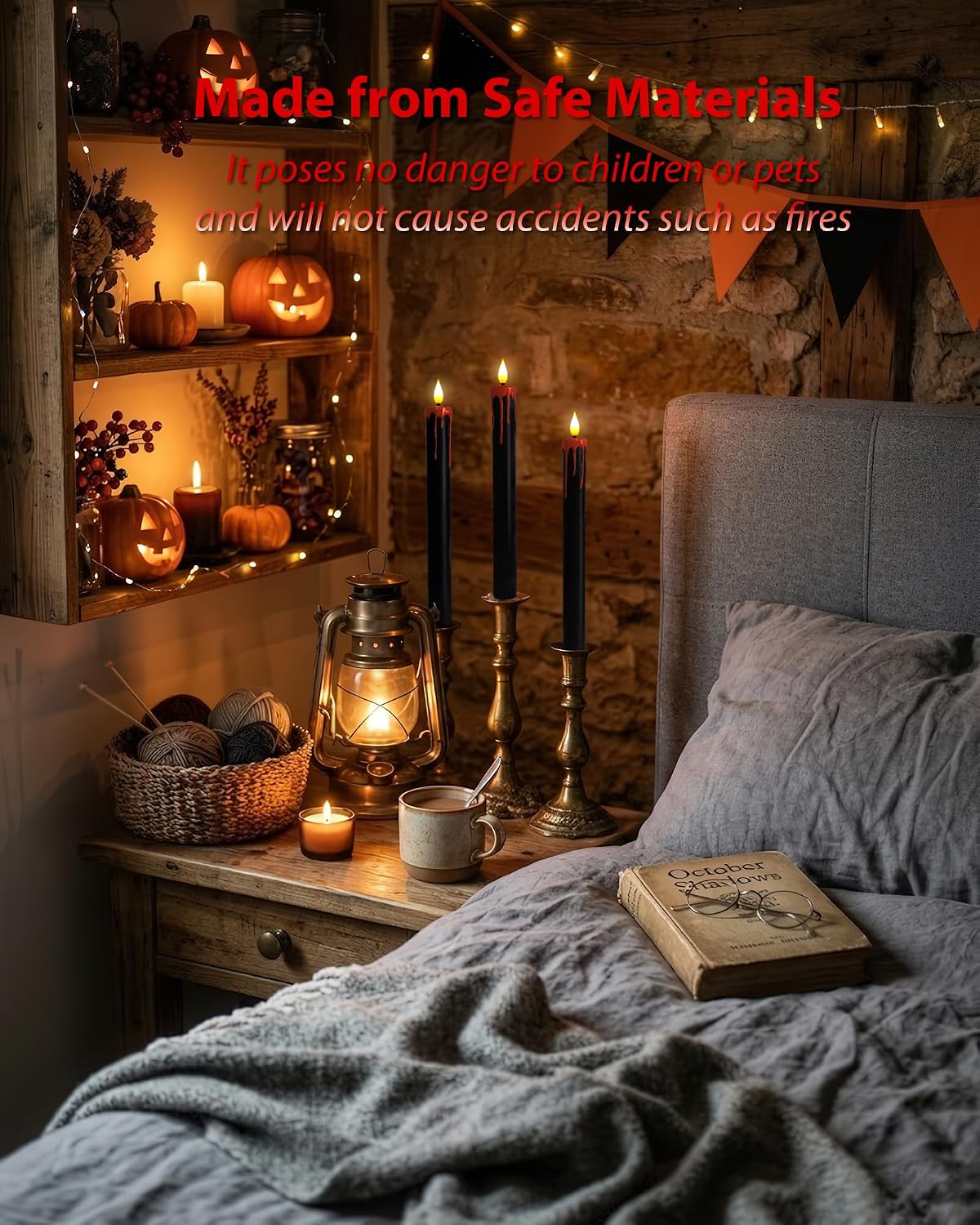 Homemory Black Bleeding Real Wax Flameless Taper Candles, 9.6 Inch Battery Operated LED Candlesticks with Remote Control and Timer, Realistic Dripless for Halloween Spooky Dark Decor 6 Pack
