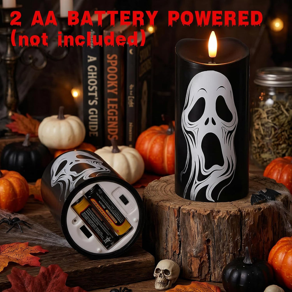 Halloween Black Flameless Pillar Candles with Ghost Decals, 2PCS