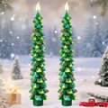 2 Pcs 10 Inch Christmas Tree Candles, Premium Natural Unscented Beeswax Christmas Tree Shaped Taper Candles with Cotton Wick, for Xmas Holiday Decor Party Banquet(Green with Multicolor Trim)