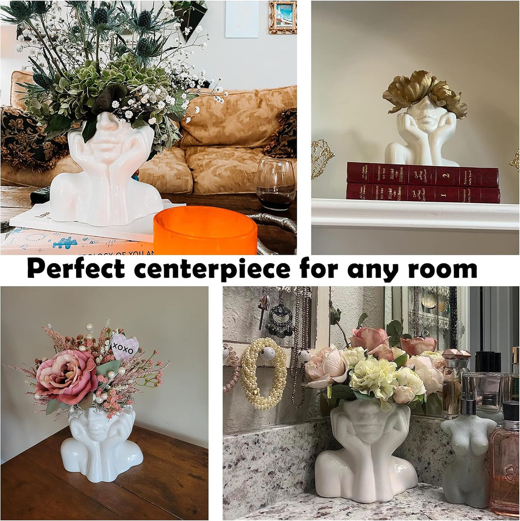 FJS Ceramic Face Vase, White Flower Vase for Table Decor