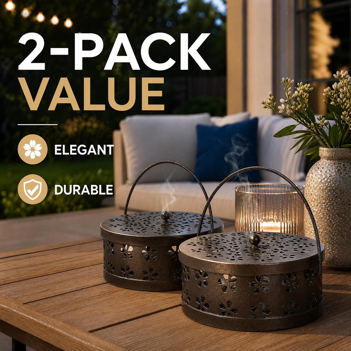 ZENFUN 2 Pack Iron Coil Holders with Lid and Handle, Bronze Incense Coil Burner with Lid, Retro Portable Coil Holder for Camp Use, Indoor, Outdoor, Fireproof, 5.7 Inches Diameter
