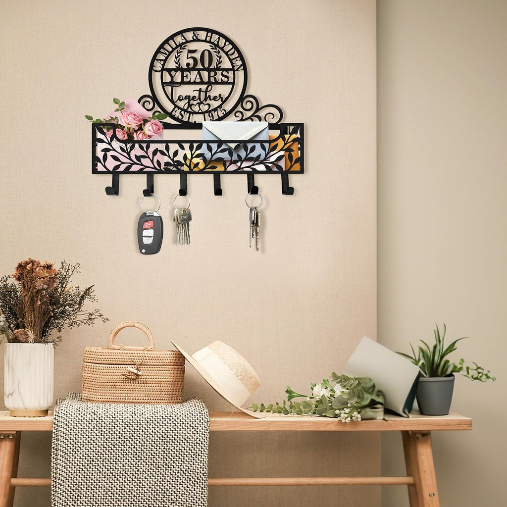Personalized Metal Anniversary Wedding Gift Key and Mail Holder, Wall Mount Entryway Organizer with Hooks, Custom Key Rack for Kitchen, Bathroom, and Home Storage