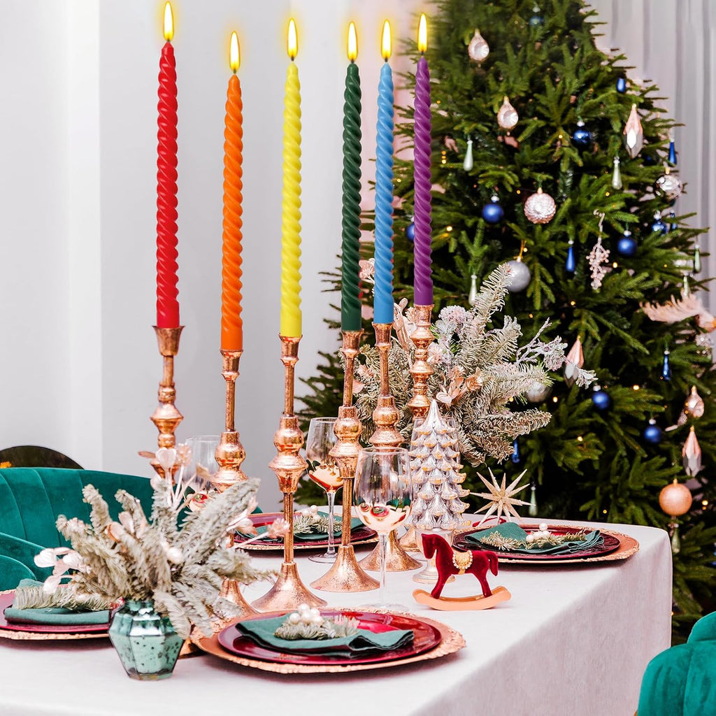 10 Inch Rainbow Spiral Taper Candles for Home Decoration, 12 Pack 6-Color Candlesticks for Dinner Party Wedding Holiday