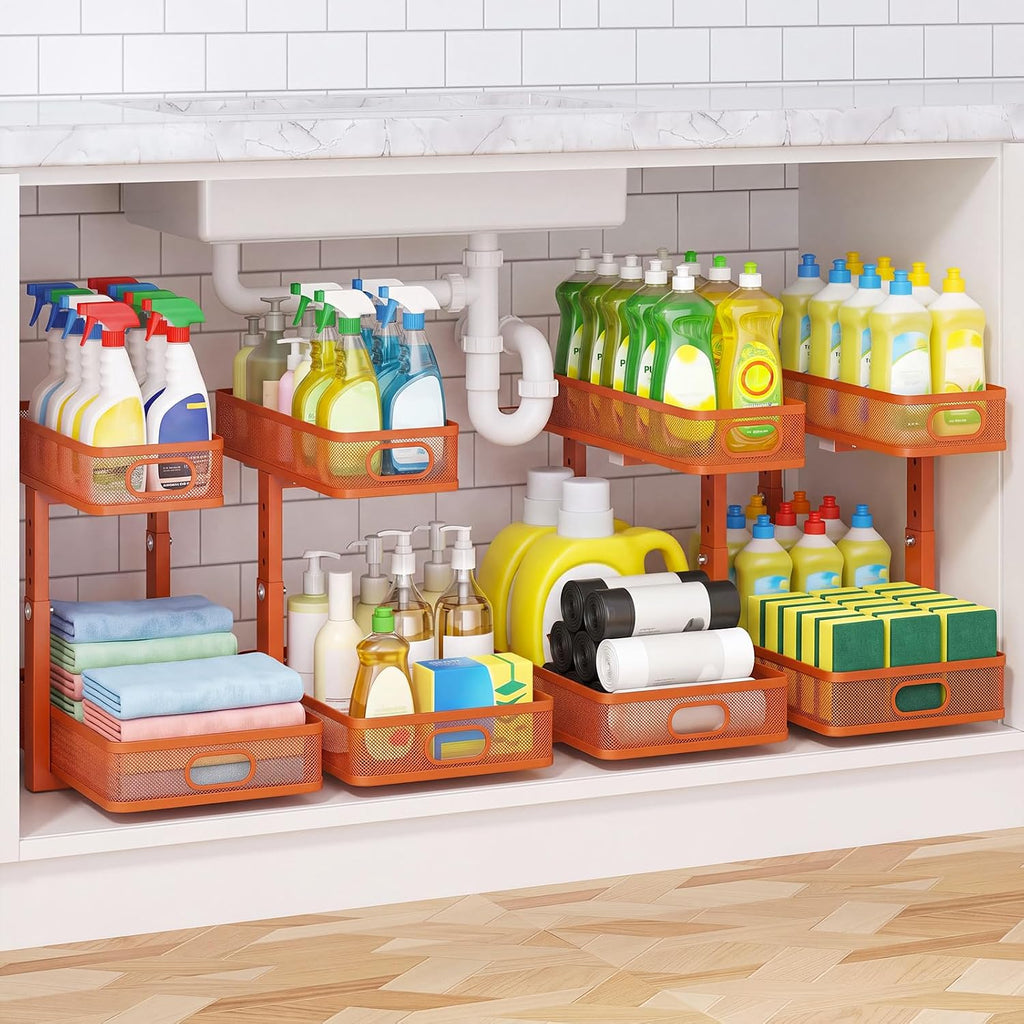Under Sink Organizer 4-Pack, Metal 2-Tier Pull-Out Cabinet Shelf with Slide-Out Mesh Drawers, Height Adjustable, Space-Saving Under Sink Storage Racks for Kitchen, Bathroom, Laundry Room, Orange