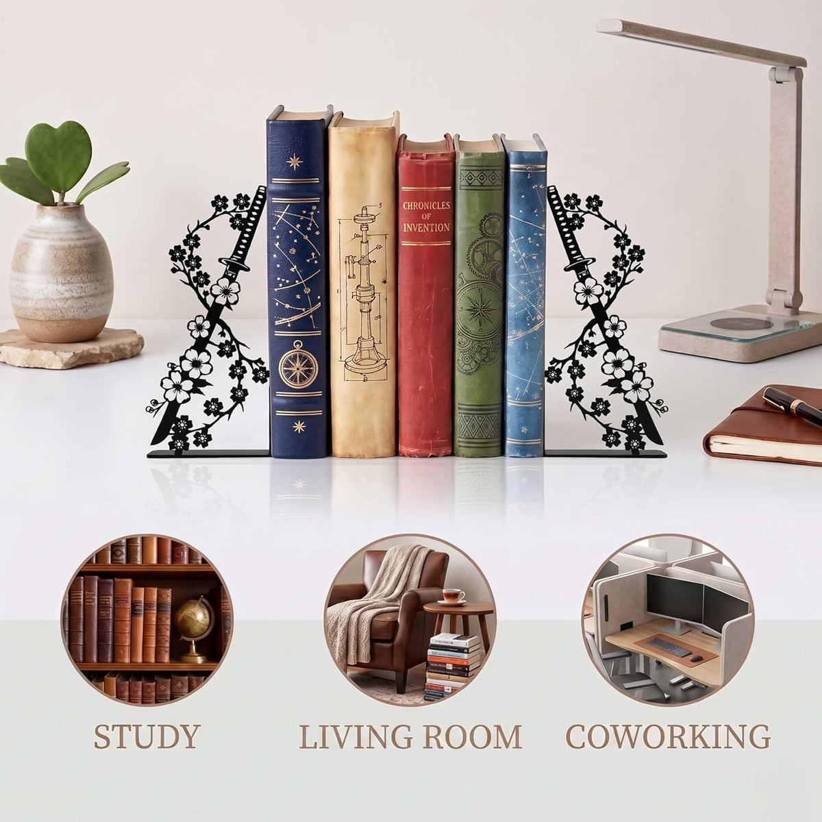 Set of 2 Metal Japanese Cherry Blossom Samurai Sword Bookends, Anime Book Ends for Home Office Library Bedroom Bookshelf, Unique Decorative Gifts for Men Childrens Japanses Culture Enthusiast
