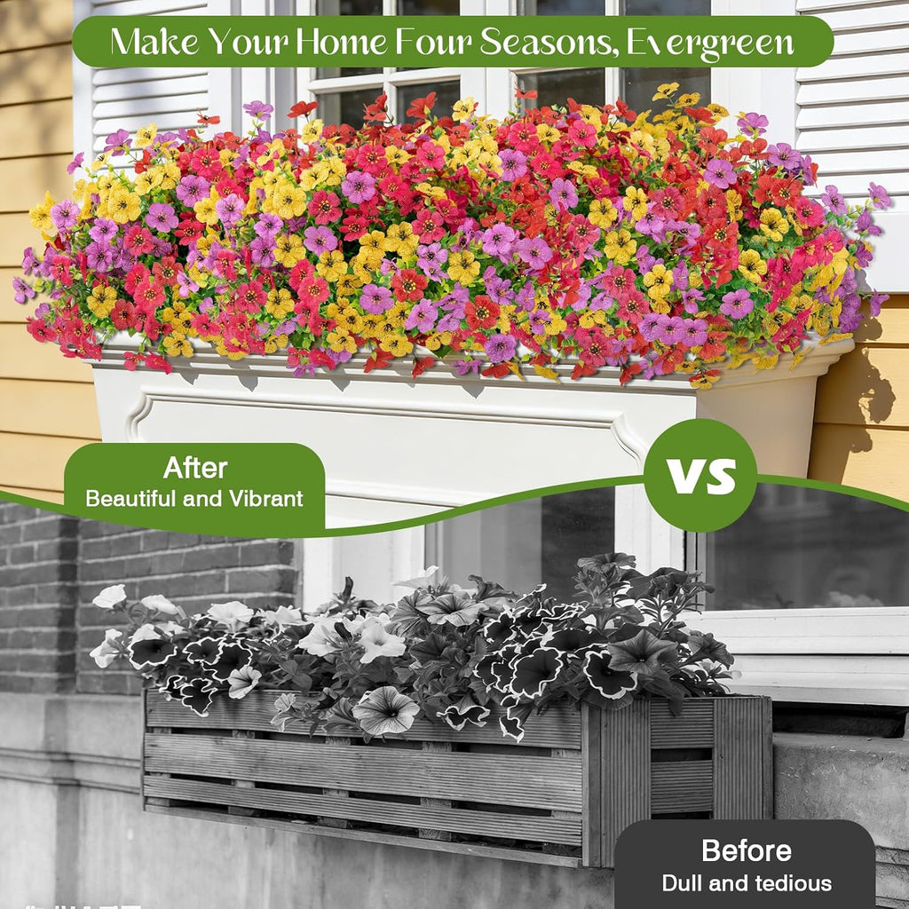 12 Bundles Artificial Flowers for Outdoors, Fake Silk Plastic Flowers for Outside, UV Resistant Faux Plants for Outside Garden Porch Window Home Planters Decoration (4 Multicolor)