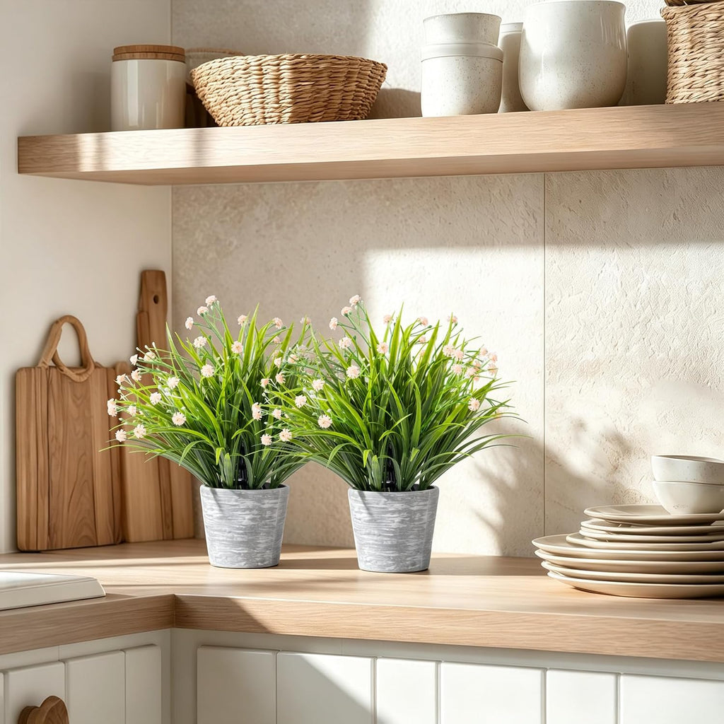 2 Pack Small Fake Plants, Mini Artificial Faux Potted Plants with Flowers
