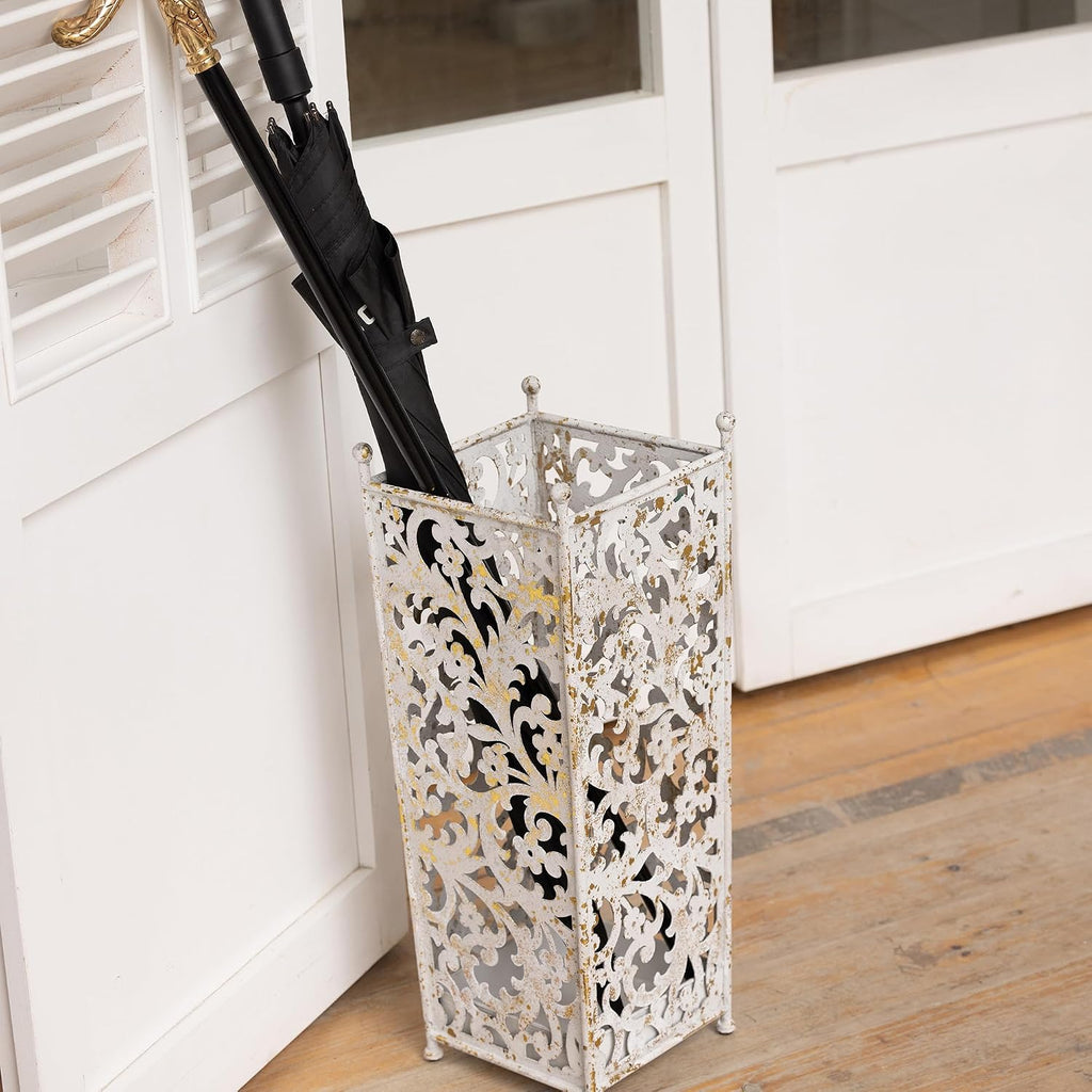 Vintage White Metal Umbrella Holder with Ornate Cutout Pattern Antique Decorative Umbrella Stand with Detachable Drip Tray for Entryway Storage Umbrellas Canes & Walking Sticks (White)