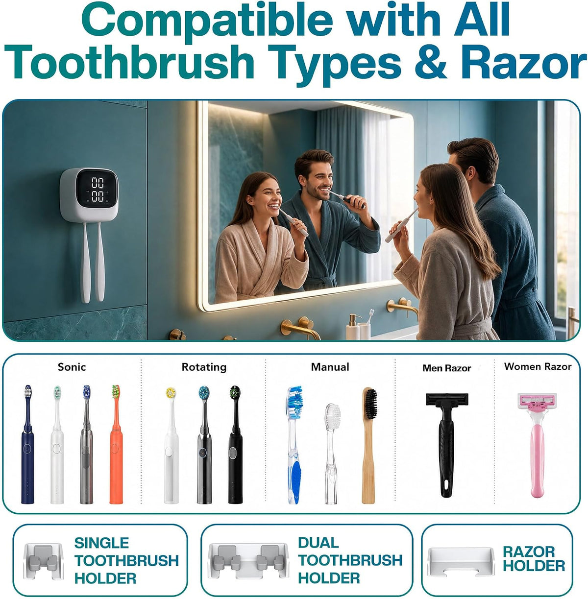 Jetfresh UV Toothbrush Sanitizer and Holder with Fan Drying | Wall Mounted UV-C Toothbrush Cleaner | Tooth Brush Sanitizer Holder Auto Shut-Off, USB Rechargeable, Fits All Brushes.