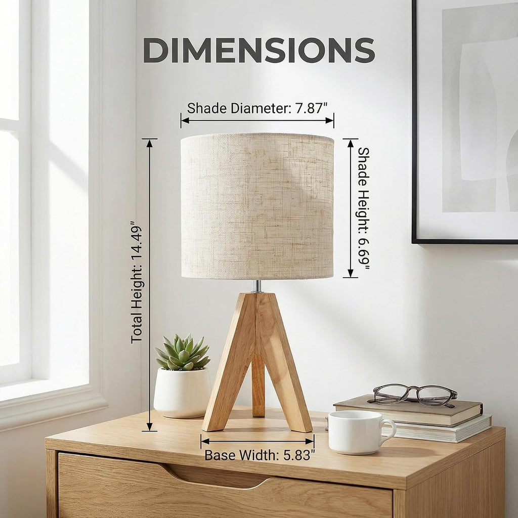 Tripod Table Lamp Small: 2 Pack Wooden Nightstand Lamp with E26 Socket