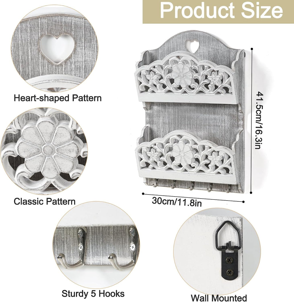 Key and Mail Holder for Wall, 2-Slot Mail Organizer Wall Mount 5 Key Hooks