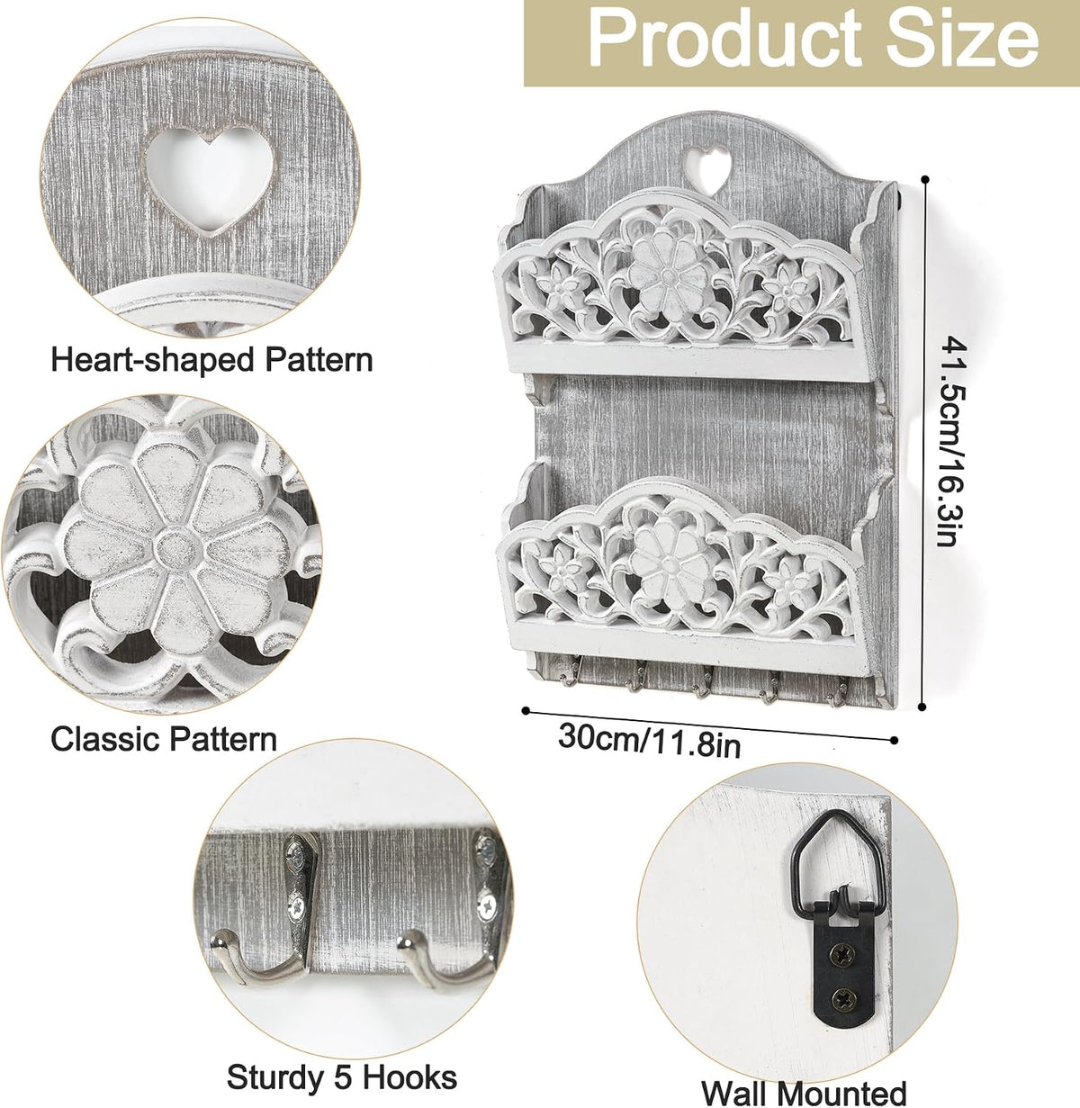 Key and Mail Holder for Wall, 2-Slot Mail Organizer Wall Mount 5 Key Hooks