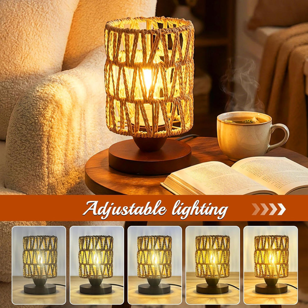 Boho Rattan Table Lamp,Dimmable Bamboo Small Bedside Lamp for Bedroom Decor