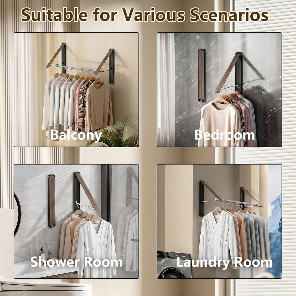 Clothes Drying Rack, Laundry Room Wall Mounted Retractable Clothes Hanger Drying Rack, Laundry Clothing Drying Rack Folding Indoor or Outdoor, Aluminium Dryer, 2pcs(Wood with 80cm bar)