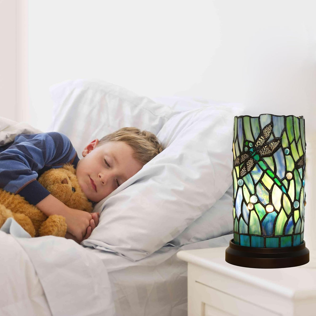 Tiffany Style Table Lamp for Bedroom Baroque Stained Glass Nightstand Bedside Night Lamp Party Light Hand-Made Art Home Deco Christmas Gifts W/ 2 LED Bulbs (3 Color Temperatures+Flame Bulb)